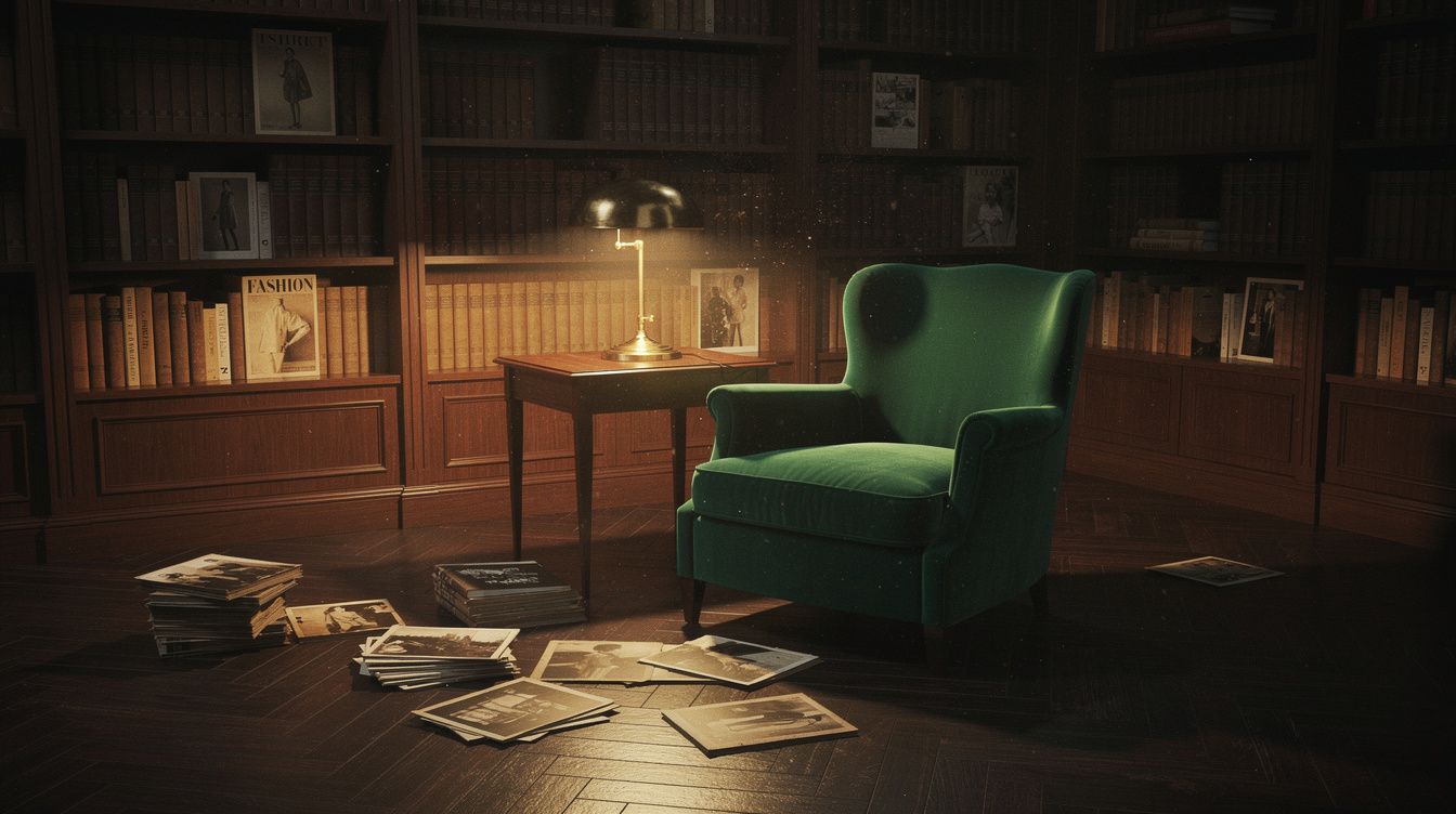 Vintage magazine archive with stacked publications and antique furniture