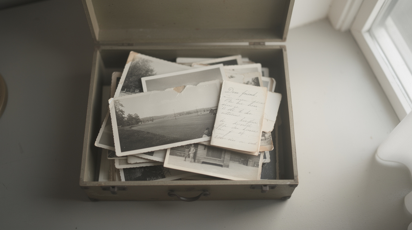 Archival box with old black and white photographs