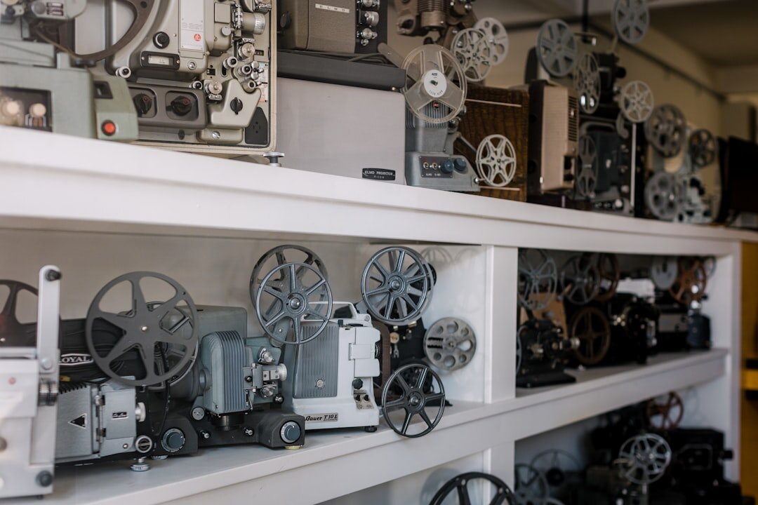 Vintage film reels and cinema projector equipment